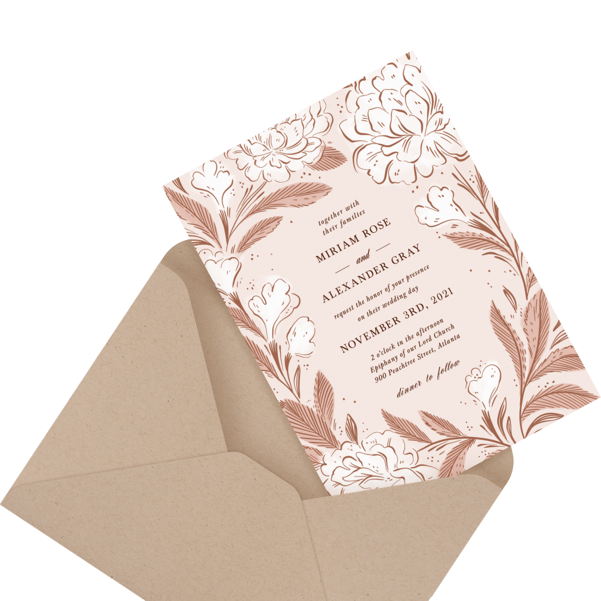 floral custom wedding invite in envelope