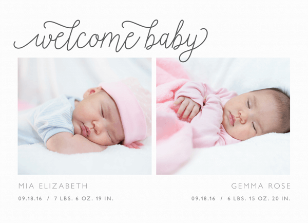 Twin Grey Script Birth Announcement